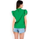 Green Large Women's Ruffled Sleeve Pleated Front Knit Top