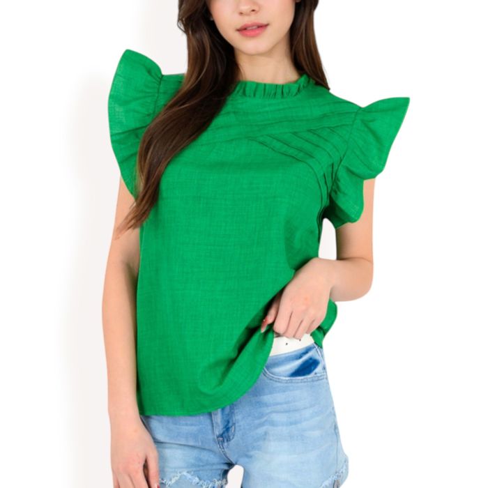 Women's Ruffled Sleeve Pleated Front Knit Top