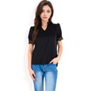 Black Large Women's Puff Sleeve Blouse with Delicate Crochet Cuffs and V-Neckline