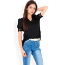 Black Large Women's Puff Sleeve Blouse with Delicate Crochet Cuffs and V-Neckline