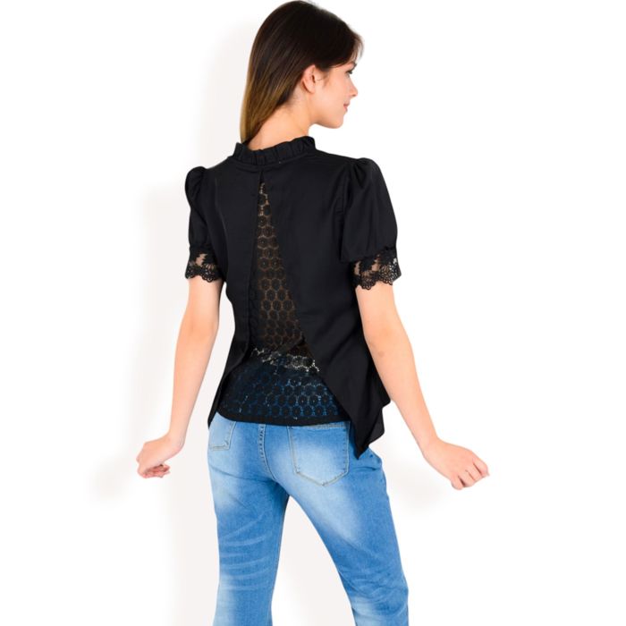 Women's Puff Sleeve Blouse with Delicate Crochet Cuffs and V-Neckline