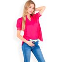 Pink Large Women's Puff Sleeve Blouse with Delicate Crochet Cuffs and V-Neckline