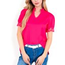 Pink Medium Women's Puff Sleeve Blouse with Delicate Crochet Cuffs and V-Neckline