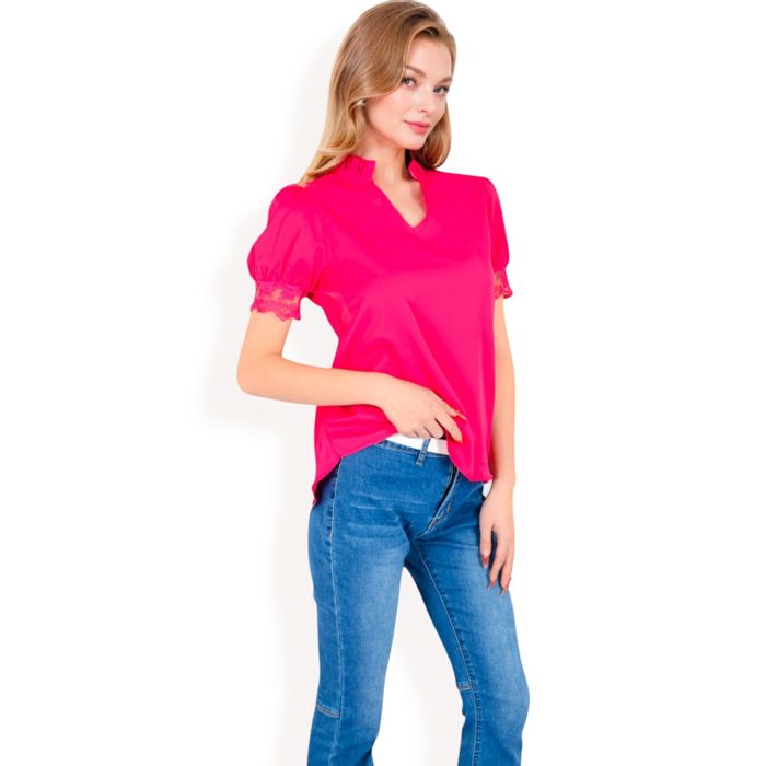 Women's Puff Sleeve Blouse with Delicate Crochet Cuffs and V-Neckline