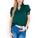 Green Large Women's Puff Sleeve Blouse with Delicate Crochet Cuffs and V-Neckline