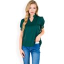 Green Large Women's Puff Sleeve Blouse with Delicate Crochet Cuffs and V-Neckline