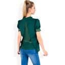 Green Large Women's Puff Sleeve Blouse with Delicate Crochet Cuffs and V-Neckline