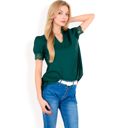 Green Large Women's Puff Sleeve Blouse with Delicate Crochet Cuffs and V-Neckline