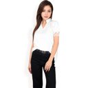 White Medium Women's Puff Sleeve Blouse with Delicate Crochet Cuffs and V-Neckline