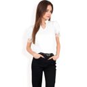 White Medium Women's Puff Sleeve Blouse with Delicate Crochet Cuffs and V-Neckline