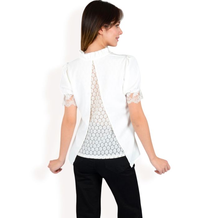 Women's Puff Sleeve Blouse with Delicate Crochet Cuffs and V-Neckline