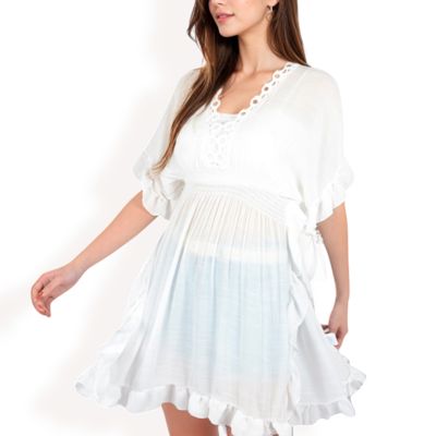 Women's White Flutter Sleeve Dress with Crochet Trim V-Neck and Smocked Waist