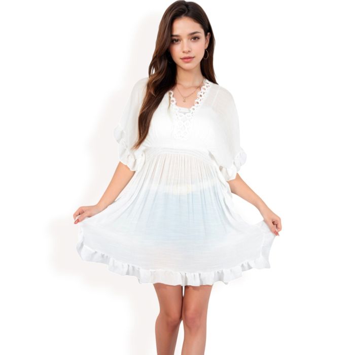 Women's White Flutter Sleeve Dress with Crochet Trim V-Neck and Smocked Waist