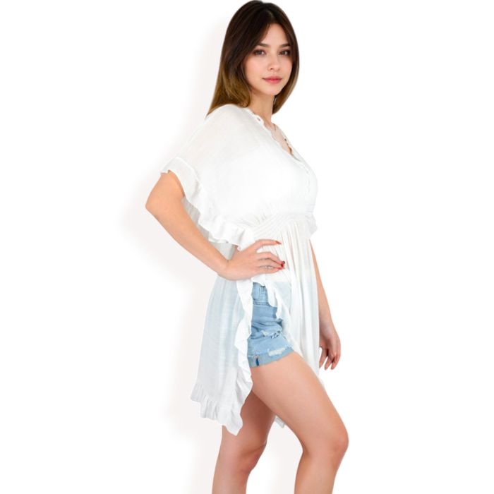 Women's White Flutter Sleeve Dress with Crochet Trim V-Neck and Smocked Waist