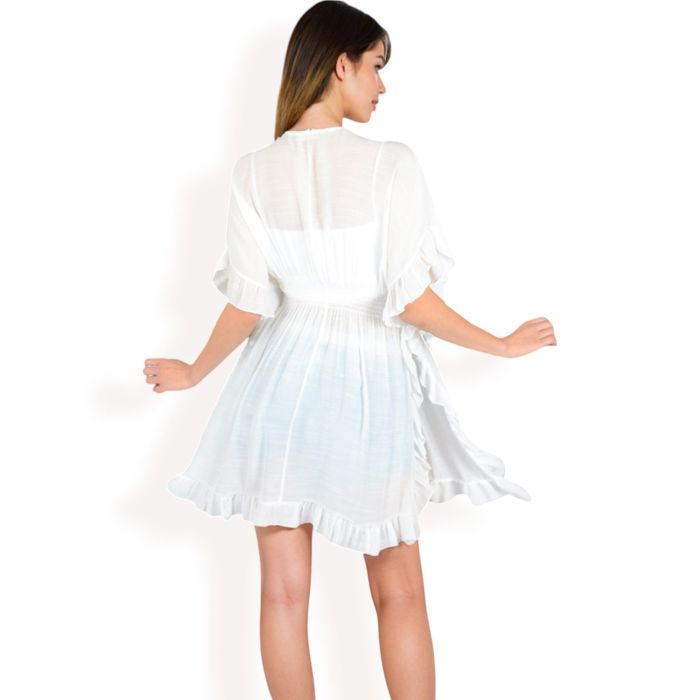 Women's White Flutter Sleeve Dress with Crochet Trim V-Neck and Smocked Waist