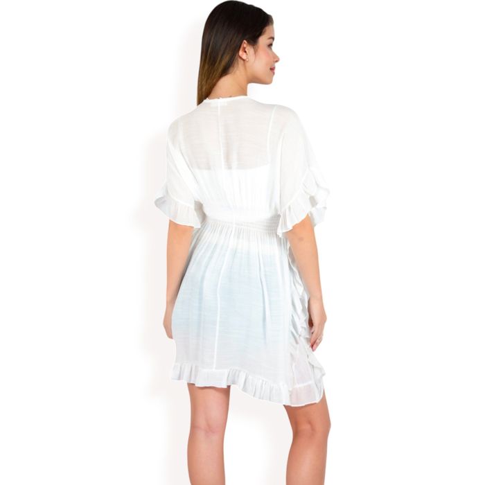 Women's White Flutter Sleeve Dress with Crochet Trim V-Neck and Smocked Waist