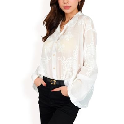 Women's Embroidered Sheer Blouse with Scalloped Hem and Button-Up Design