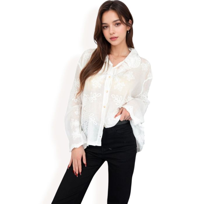 Women's Embroidered Sheer Blouse with Scalloped Hem and Button-Up Design