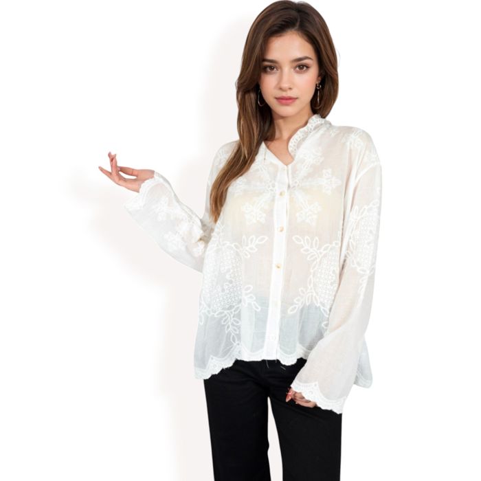 Women's Embroidered Sheer Blouse with Scalloped Hem and Button-Up Design