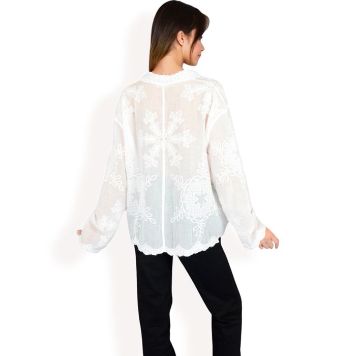 Women's Embroidered Sheer Blouse with Scalloped Hem and Button-Up Design