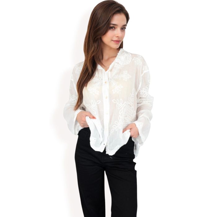 Women's Embroidered Sheer Blouse with Scalloped Hem and Button-Up Design