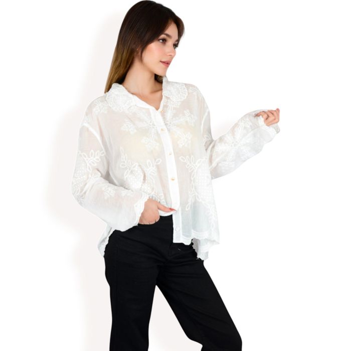 Women's Embroidered Sheer Blouse with Scalloped Hem and Button-Up Design