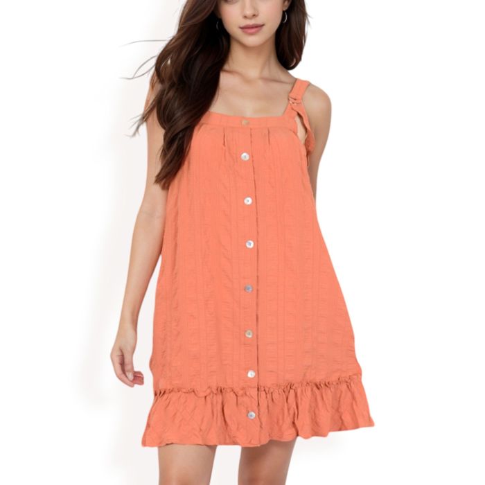 Women's Ruffled Button-Down Mini Dress with Adjustable Straps and Textured Fabric