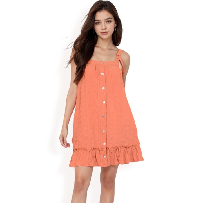 Women's Ruffled Button-Down Mini Dress with Adjustable Straps and Textured Fabric