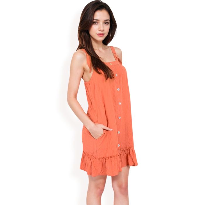 Women's Ruffled Button-Down Mini Dress with Adjustable Straps and Textured Fabric