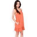 Red Large Women's Ruffled Button-Down Mini Dress with Adjustable Straps and Textured Fabric