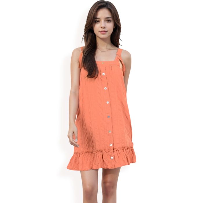 Women's Ruffled Button-Down Mini Dress with Adjustable Straps and Textured Fabric