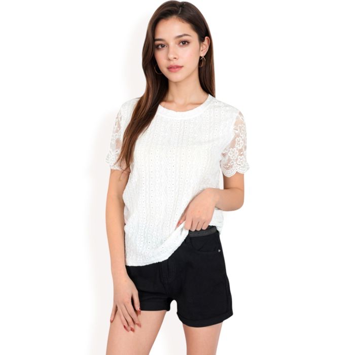 Women's Lace Eyelet Top with Scalloped Short Sleeves and Embroidered Details