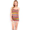 Yellow Large Women's Knit Mini Dress with Adjustable Drawstring Ruched Side and Vibrant Striped Pattern