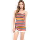 Yellow Large Women's Knit Mini Dress with Adjustable Drawstring Ruched Side and Vibrant Striped Pattern