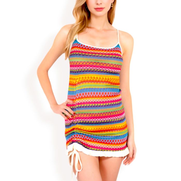 Women's Knit Mini Dress with Adjustable Drawstring Ruched Side and Vibrant Striped Pattern