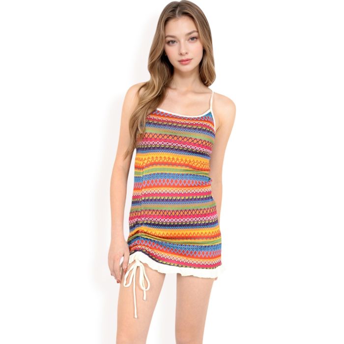 Women's Knit Mini Dress with Adjustable Drawstring Ruched Side and Vibrant Striped Pattern