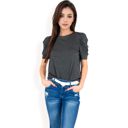 Gray Large Women's Short Sleeve Puff Shoulder Tee with Crew Neck and Slim Fit