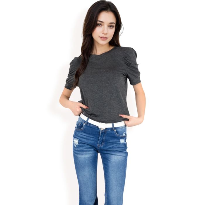 Women's Short Sleeve Puff Shoulder Tee with Crew Neck and Slim Fit