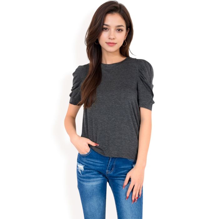 Women's Short Sleeve Puff Shoulder Tee with Crew Neck and Slim Fit