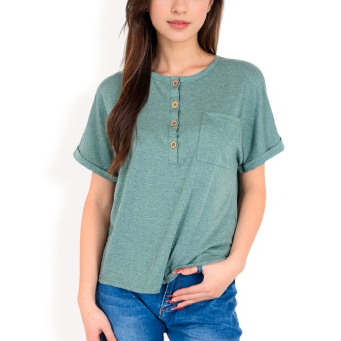 Women's Casual Short Sleeve Henley Top with Button Front and Chest Pocket