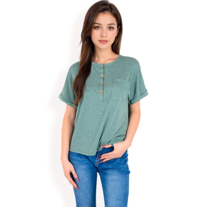 Women's Casual Short Sleeve Henley Top with Button Front and Chest Pocket