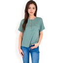 Green Large Women's Casual Short Sleeve Henley Top with Button Front and Chest Pocket