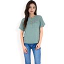 Green Large Women's Casual Short Sleeve Henley Top with Button Front and Chest Pocket