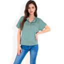 Green Large Women's Casual Short Sleeve Henley Top with Button Front and Chest Pocket