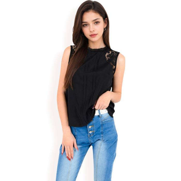 Women's Sleeveless Blouse with Lace Yoke and Pleated Front