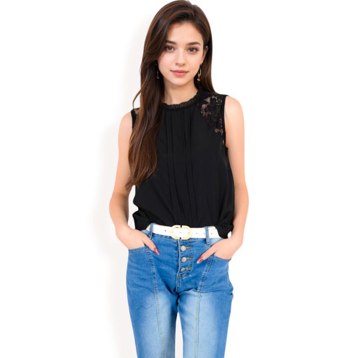 Women's Sleeveless Blouse with Lace Yoke and Pleated Front