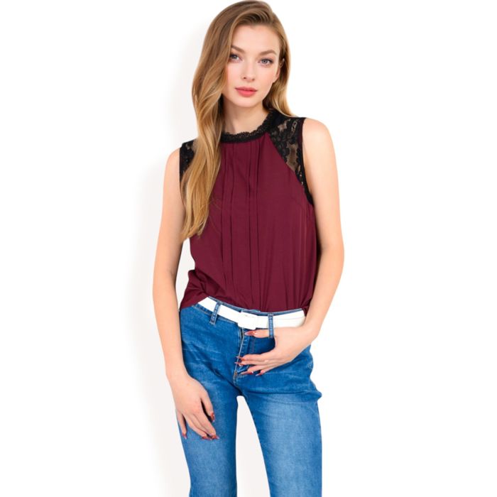 Women's Sleeveless Blouse with Lace Yoke and Pleated Front