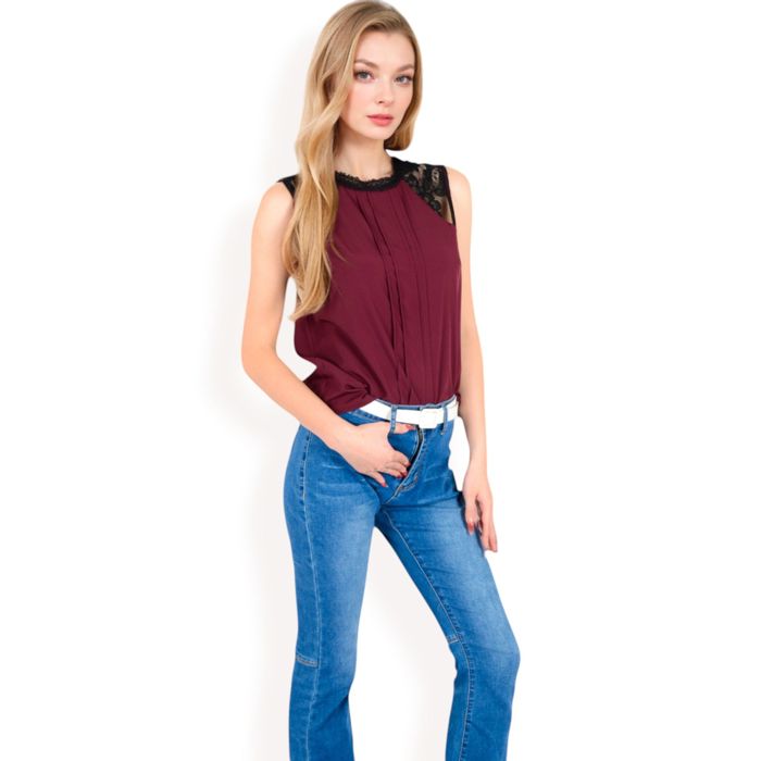 Women's Sleeveless Blouse with Lace Yoke and Pleated Front