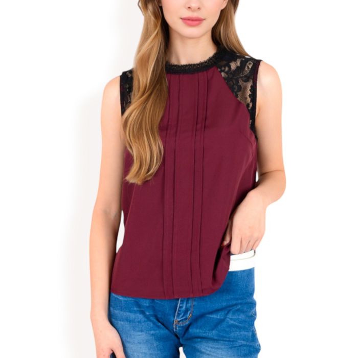 Women's Sleeveless Blouse with Lace Yoke and Pleated Front