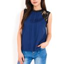 Blue Large Women's Sleeveless Blouse with Lace Yoke and Pleated Front